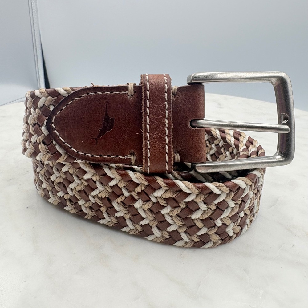 Tommy Bahama Braided Belt Mens L 38-40 Brown Woven Leather Golf Nautical Coastal